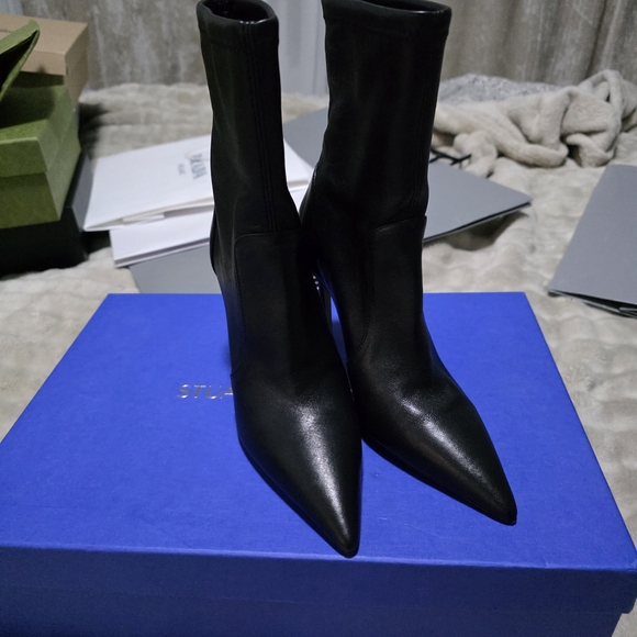 Stuart Weitzman Black Pointed Toe Leather Stiletto Sock Boots - Picture 9 of 10